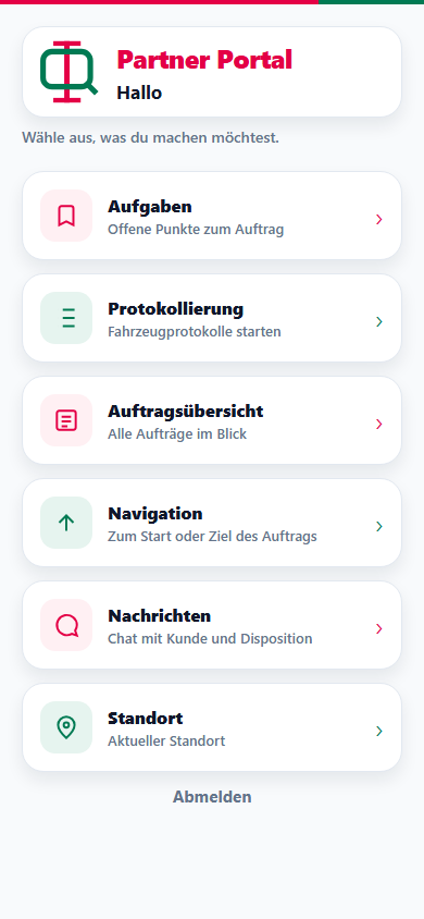 Hauptansicht der Fahrer-App